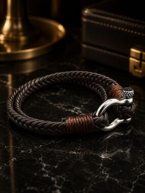 Braided Brown Leather Rope Bracelet with Silver Shackle